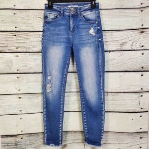 KanCan Women’s Distressed High Rise Skinny Jeans Size 5/26 Double Button Raw Hem
